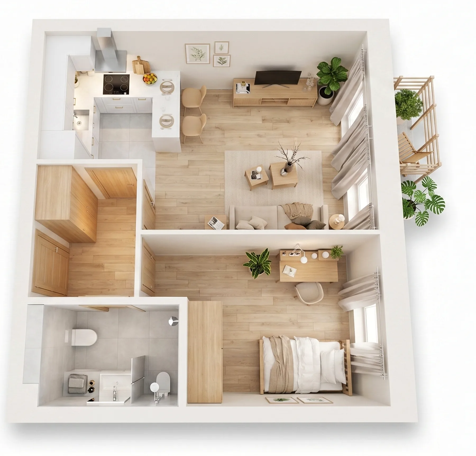 Rzut 3D mieszkania dwupokojowego z balkonem i garderobą
